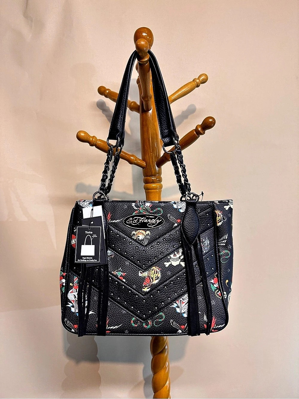 Ed Hardy Tattoo Print Shoulder Bag with Charms & Magnetic Closure